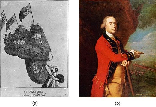 British cartoon of Bunker Hill (a) and portrait of General Thomas Gage (b)