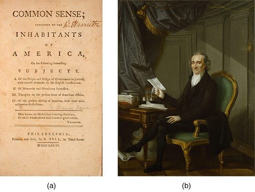 Title page of Common Sense (a) and portrait of Thomas Paine (b)